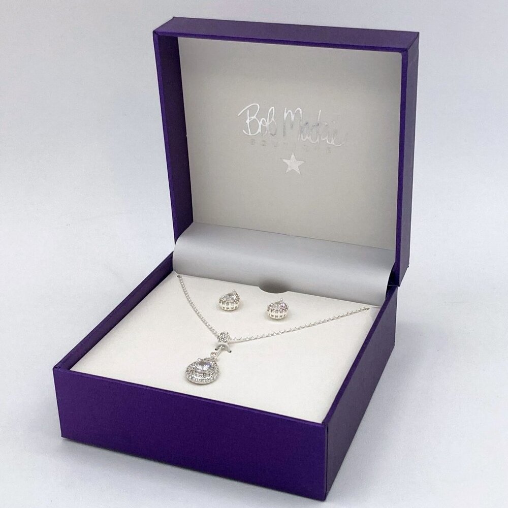 Bob Mackie Silver Teardrop Pendant 18" Necklace & Earring Jewelry Set JBM-5010